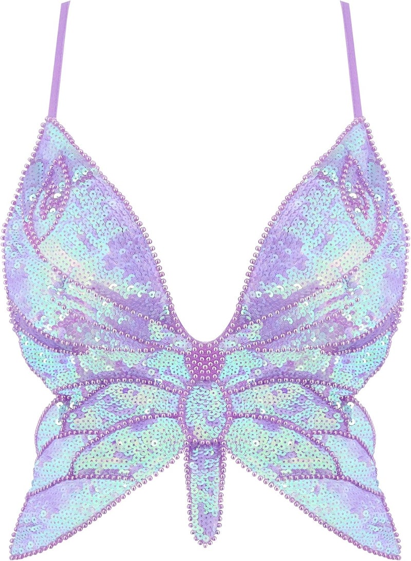 Mocure Womens Glitter Sequin Butterfly Crop Top Low-Cut Tank Top Rave Tube Vest Top for Belly Dance Costume Outfits - Image 1
